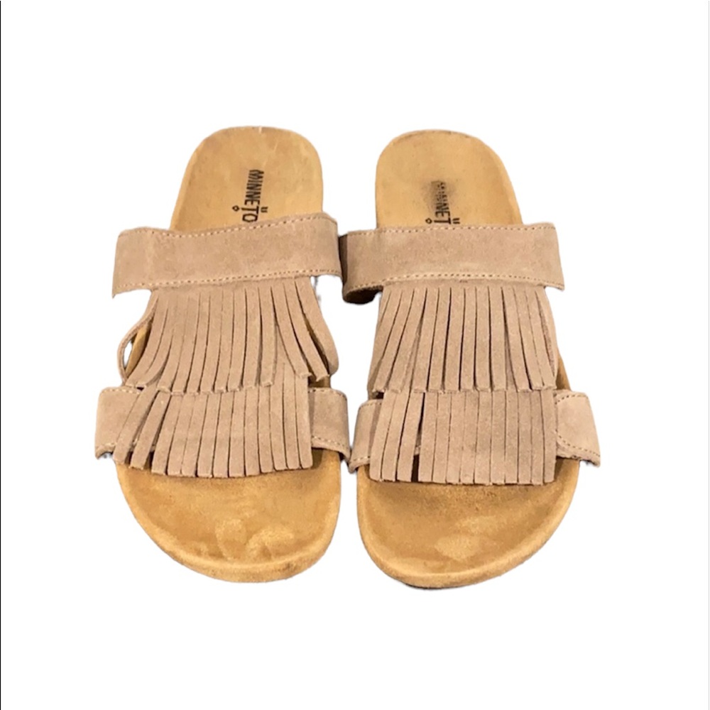 Minnetonka suede beige fringe slip on sandals